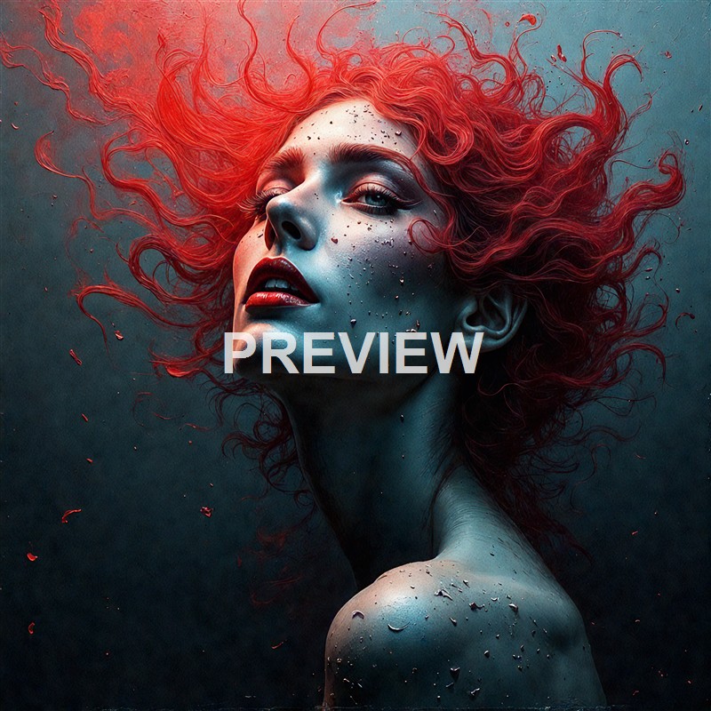 A striking portrait of a woman with vibrant red curly hair, water droplets on her face and shoulder, and an intense expression, set against a dark background.